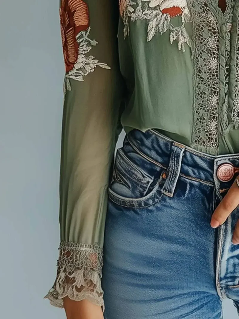 Women's Lightweight Chiffon Blouse | Bohemian Floral Summer Top | Elegant V-Neck Long Sleeve