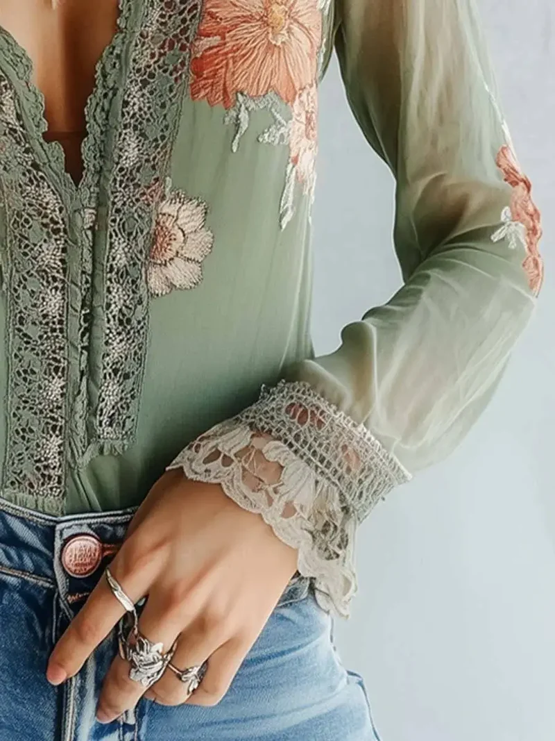 Women's Lightweight Chiffon Blouse | Bohemian Floral Summer Top | Elegant V-Neck Long Sleeve