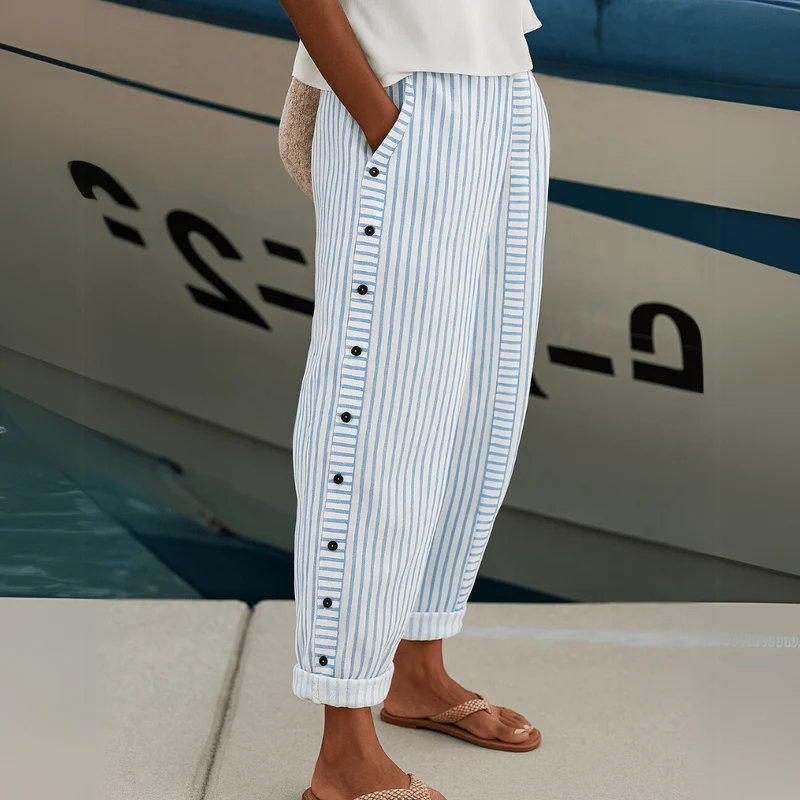 Pantalon à Rayures et Boutons pour Femmes