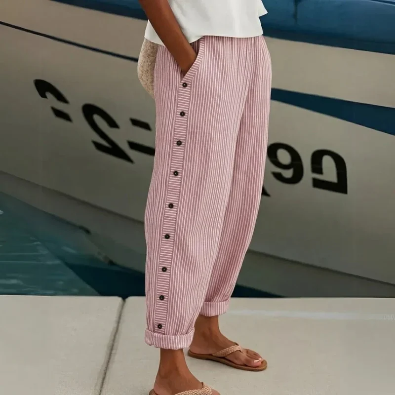 Pantalon à Rayures et Boutons pour Femmes