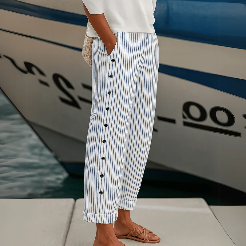 Pantalon à Rayures et Boutons pour Femmes