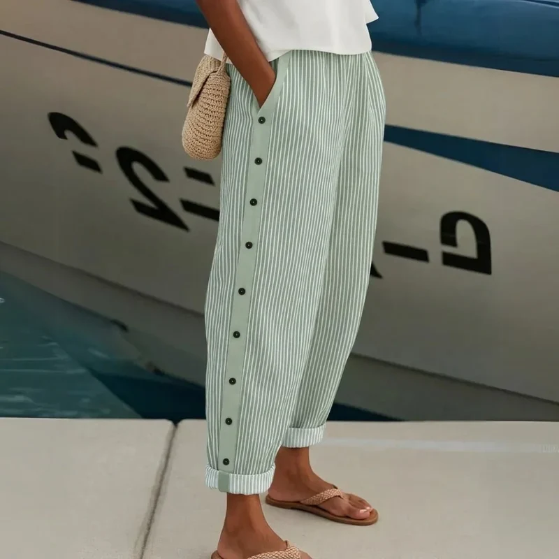 Pantalon à Rayures et Boutons pour Femmes