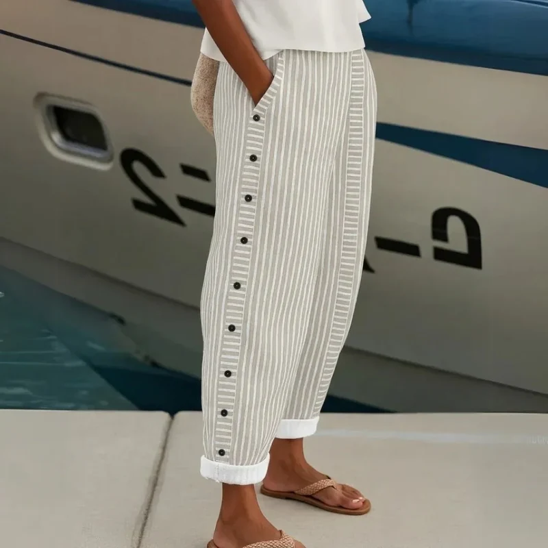 Pantalon à Rayures et Boutons pour Femmes