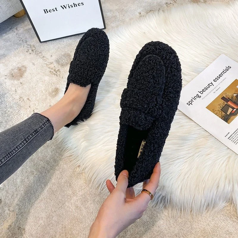 Chaussures Plates en Laine Peluche pour Femmes