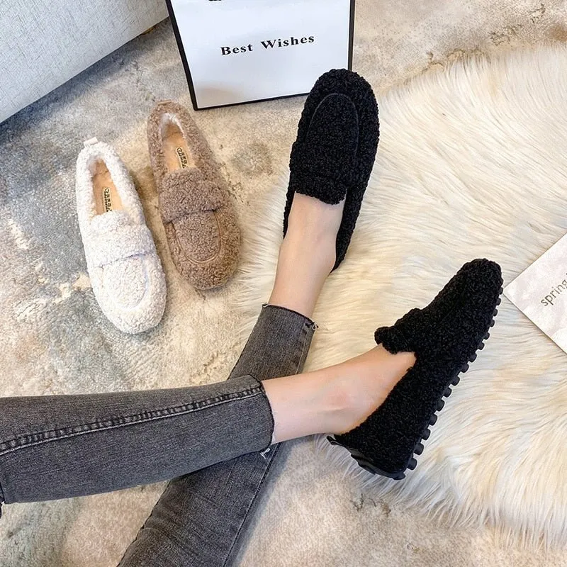 Chaussures Plates en Laine Peluche pour Femmes