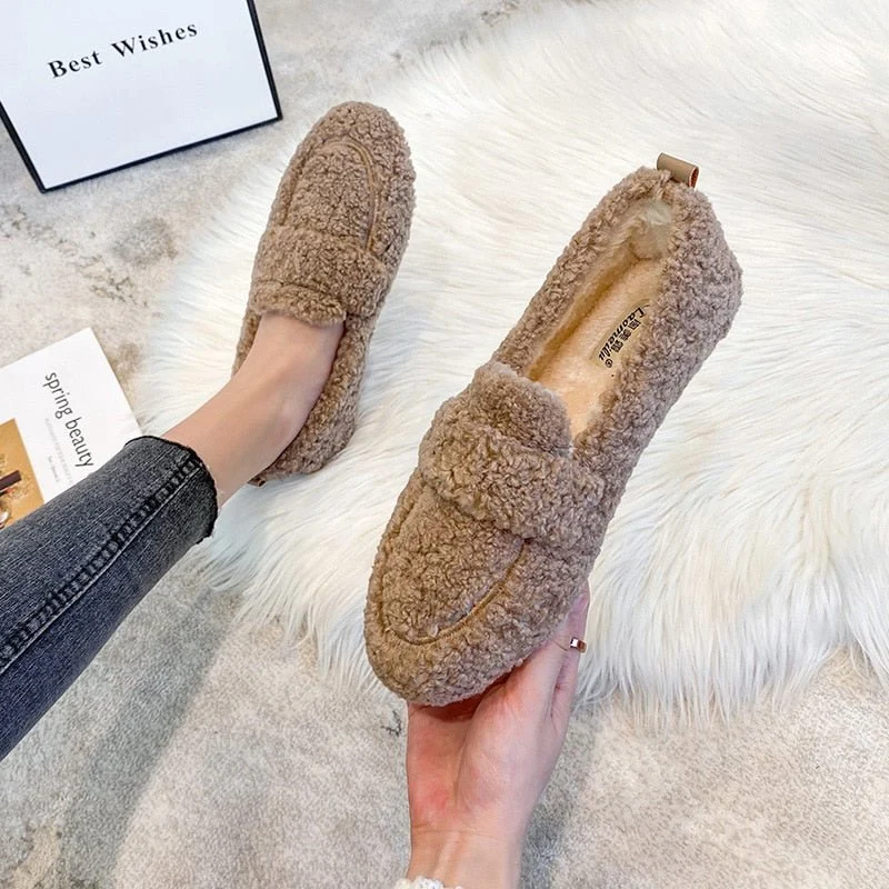 Chaussures Plates en Laine Peluche pour Femmes