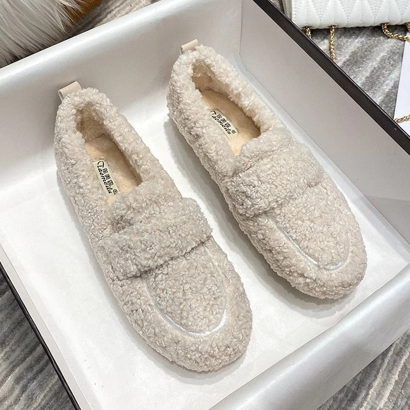Chaussures Plates en Laine Peluche pour Femmes