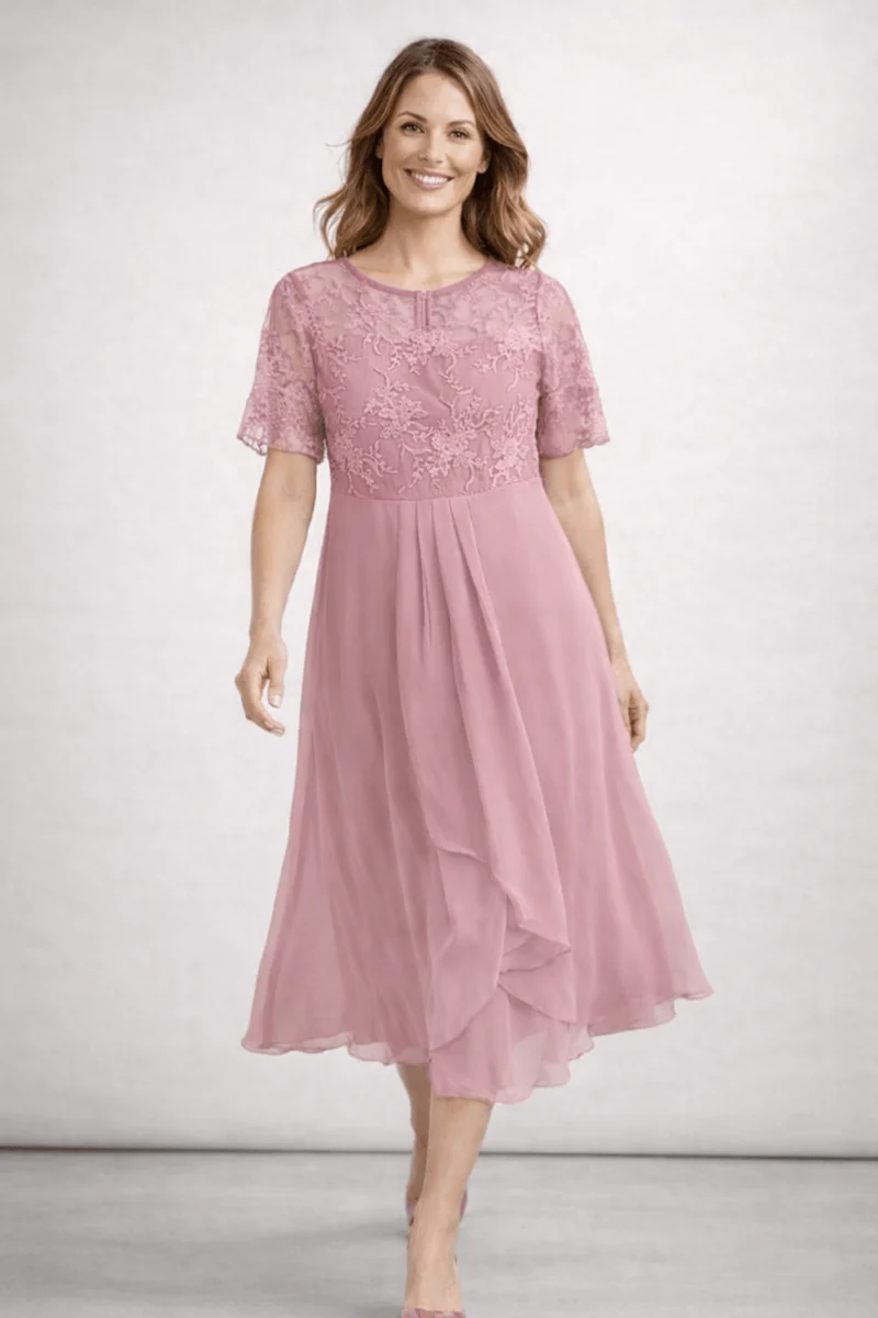 Robe Midi Dentelle et Chiffon pour Femmes