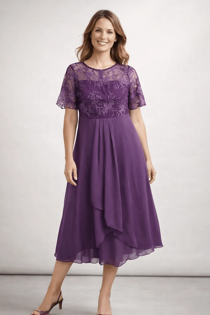 Robe Midi Dentelle et Chiffon pour Femmes
