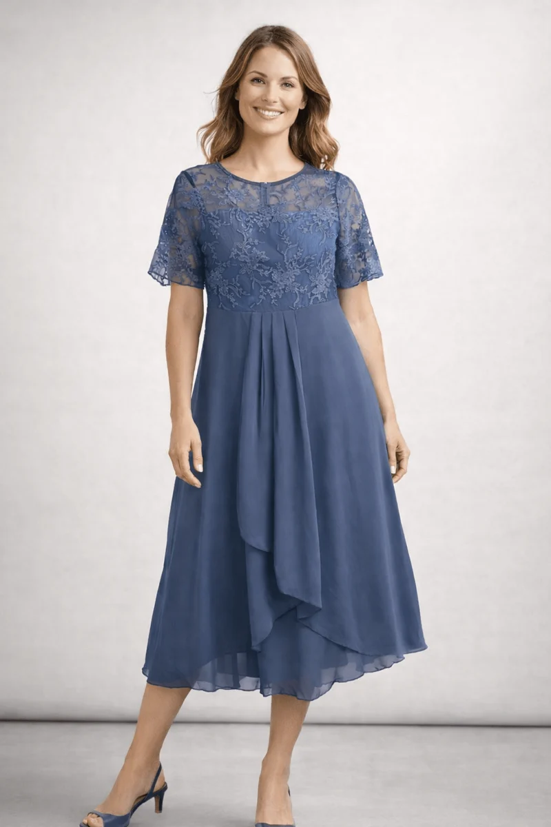 Robe Midi Dentelle et Chiffon pour Femmes
