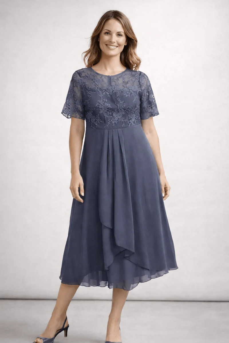 Robe Midi Dentelle et Chiffon pour Femmes