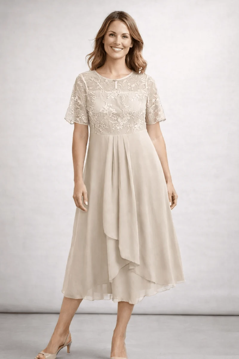 Robe Midi Dentelle et Chiffon pour Femmes