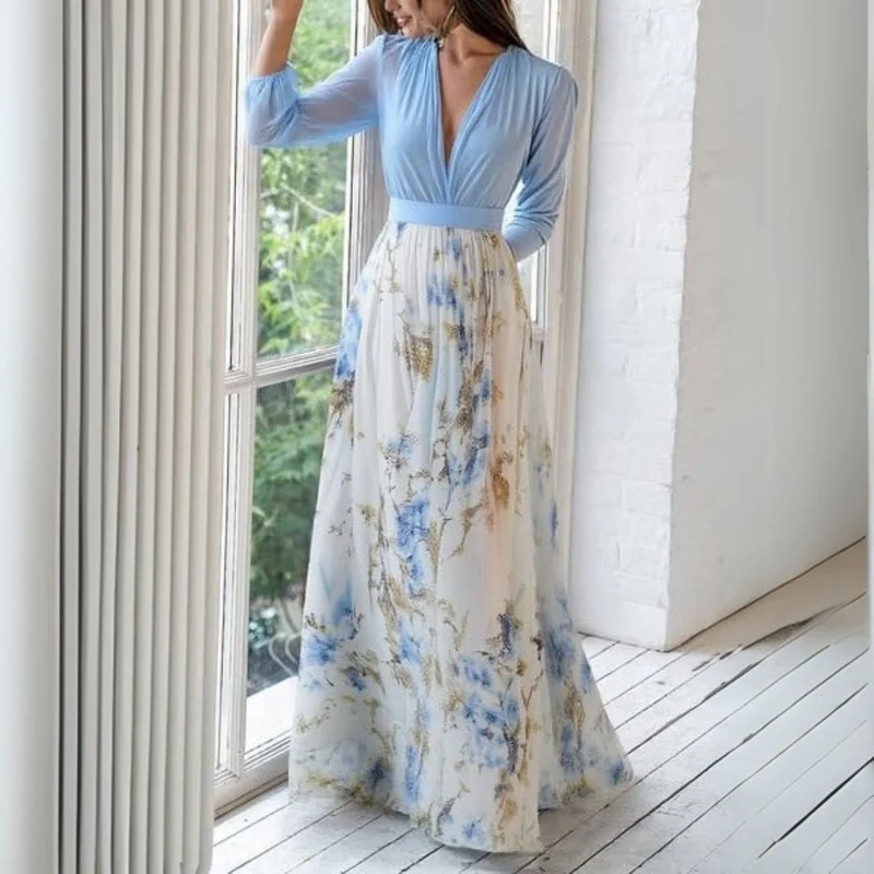 Robe Maxi Imprimée à Manches Longues pour Femmes