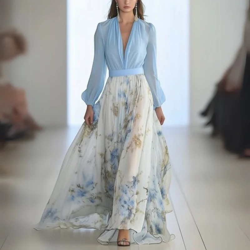 Robe Maxi Imprimée à Manches Longues pour Femmes