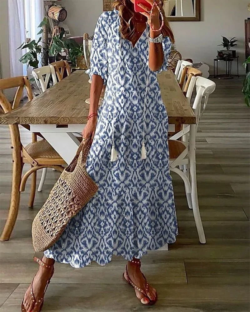 Robe Longue à Imprimé Géométrique et Manches Lanternes pour Femmes