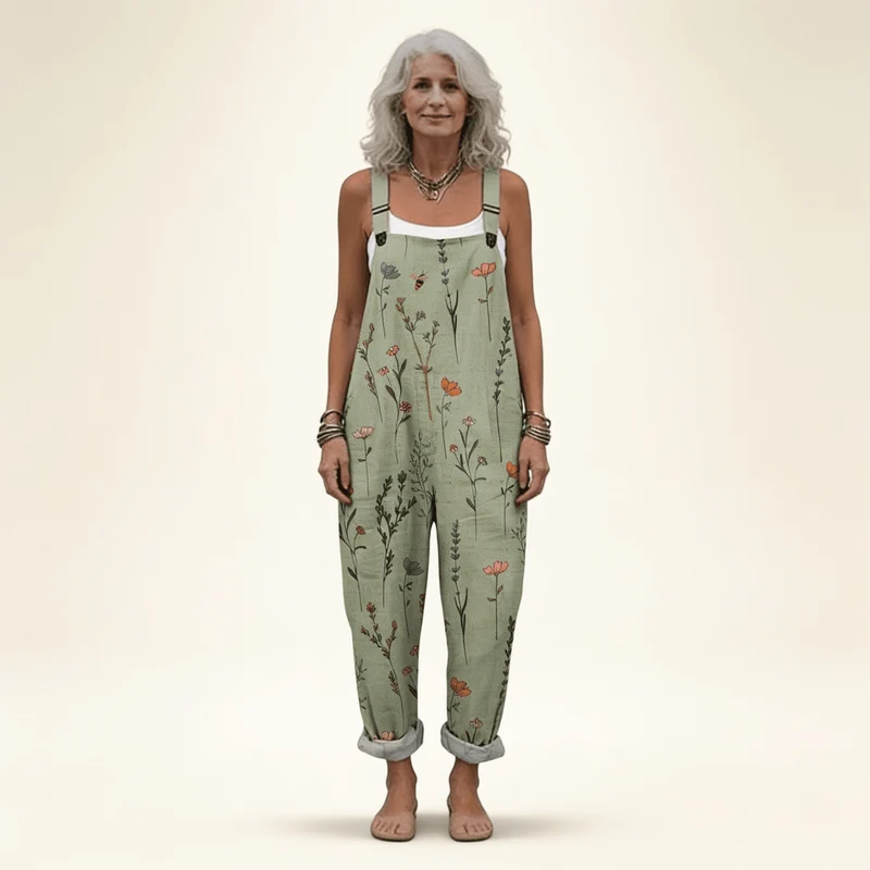 Salopette Femme Ample à Imprimé Floral Vert avec Bretelles Réglables et Poches