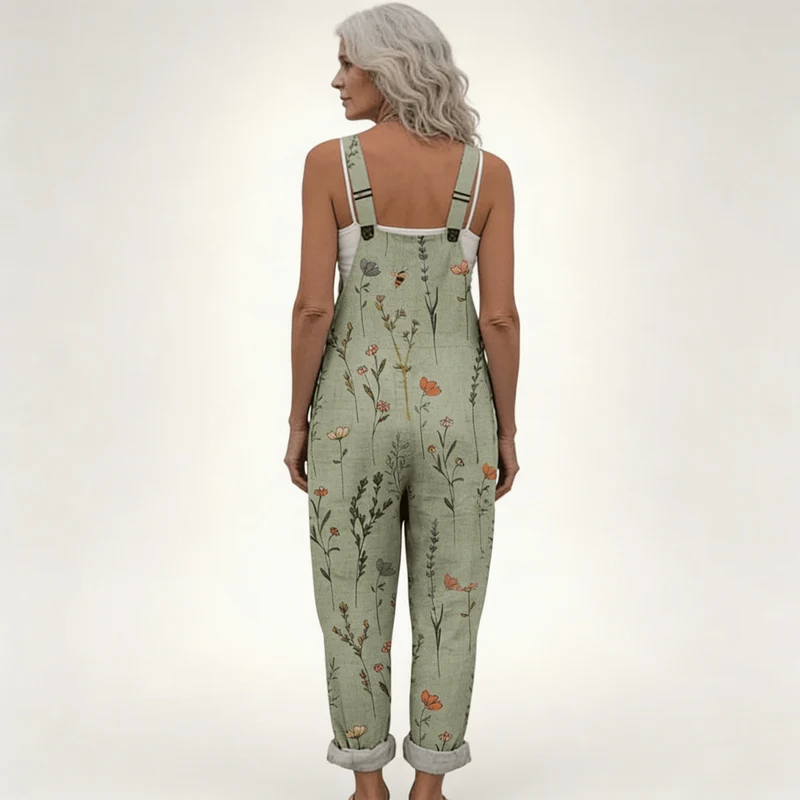 Salopette Femme Ample à Imprimé Floral Vert avec Bretelles Réglables et Poches