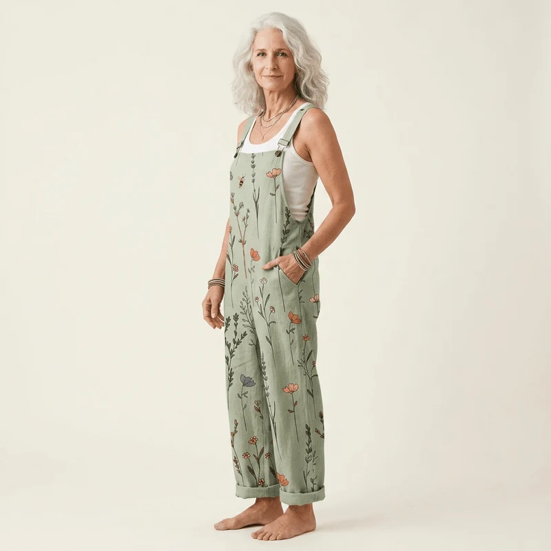 Salopette Femme Ample à Imprimé Floral Vert avec Bretelles Réglables et Poches
