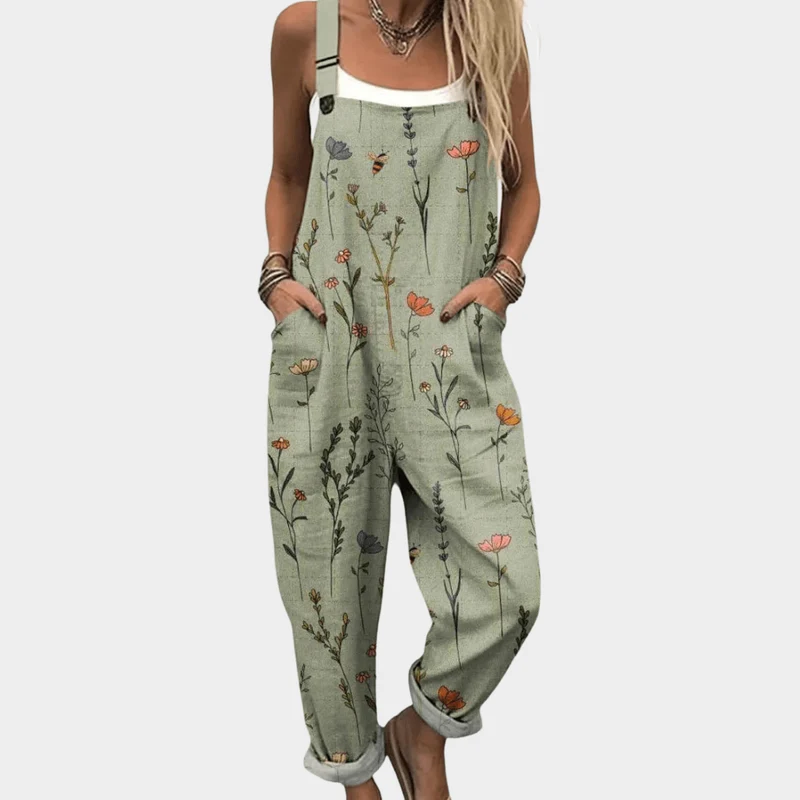 Salopette Femme Ample à Imprimé Floral Vert avec Bretelles Réglables et Poches