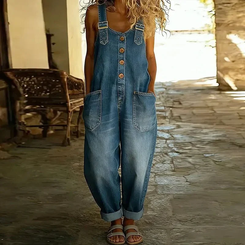 Salopette en Denim-Look avec Bretelles Réglables pour Femmes