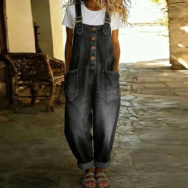 Salopette en Denim-Look avec Bretelles Réglables pour Femmes