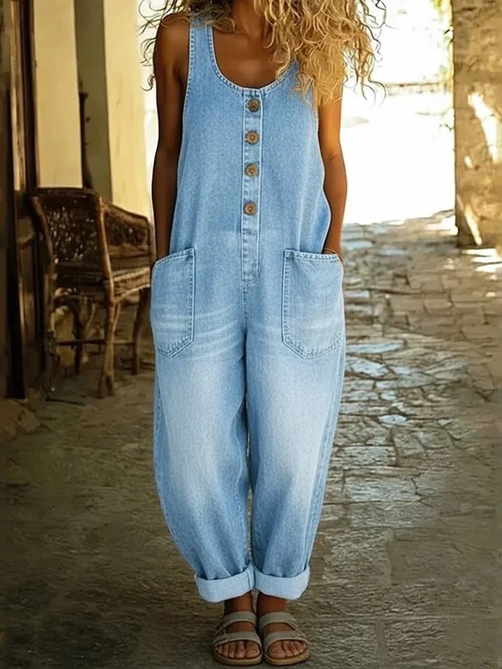 Salopette Femme en Coton et Lin Coupe Ample avec Grandes Poches