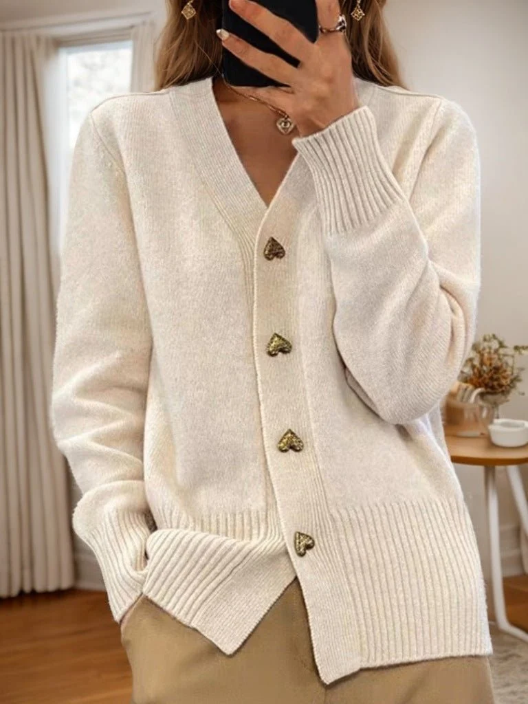 Cardigan Femme en Maille à Boutons Cœur