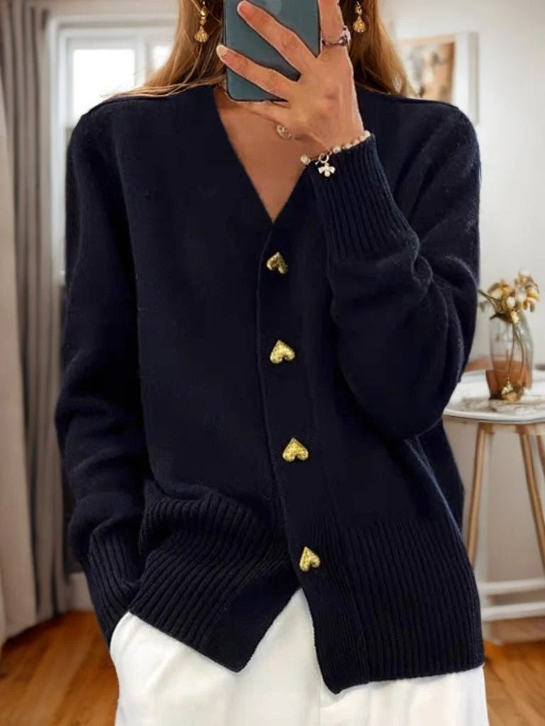 Cardigan Femme en Maille à Boutons Cœur