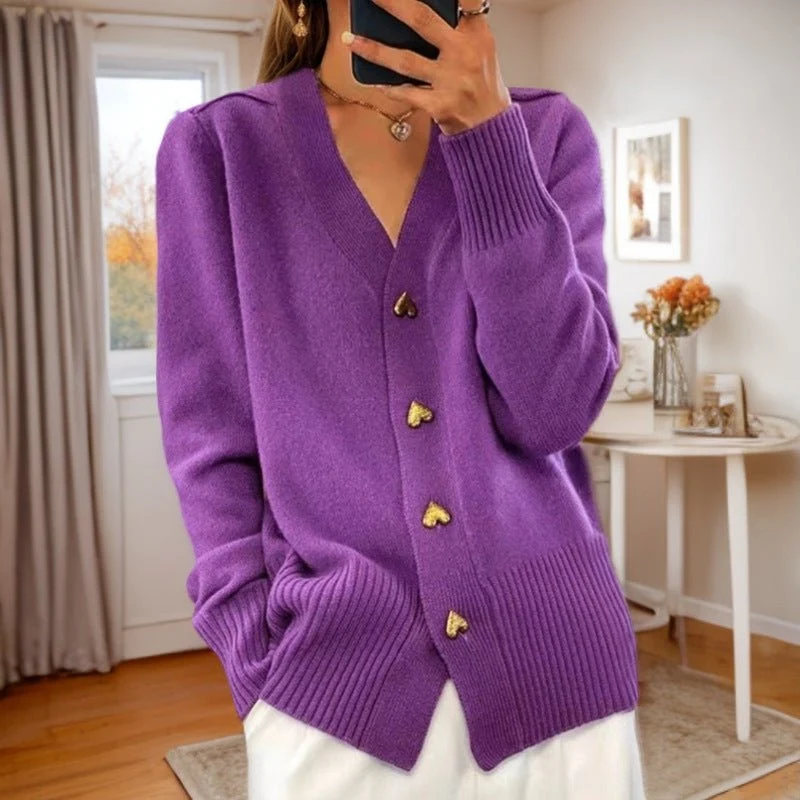 Cardigan Femme en Maille à Boutons Cœur