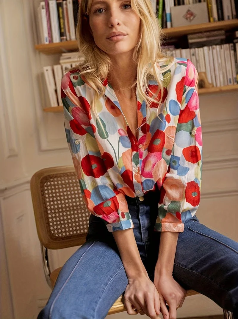 Blouse à Manches Longues Imprimée Fleurie pour Femmes