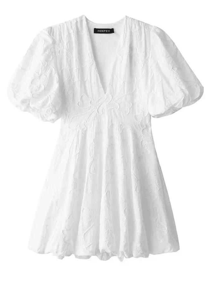 Robe Courte en Coton Embroide à Manches Bouffantes pour Femmes