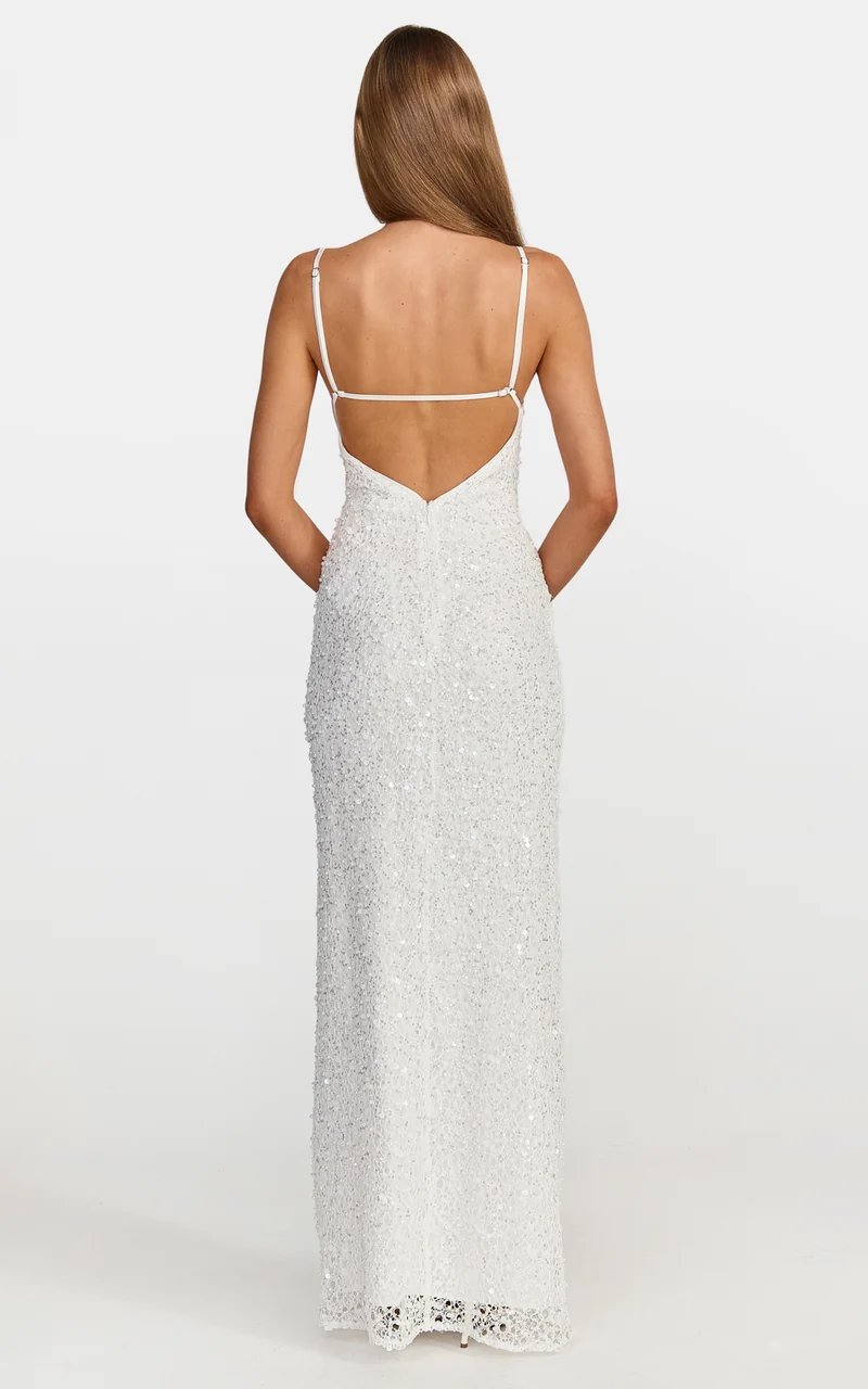 Nina Maxi Dress - Backless Sequin Embellished Beaded Dress in White