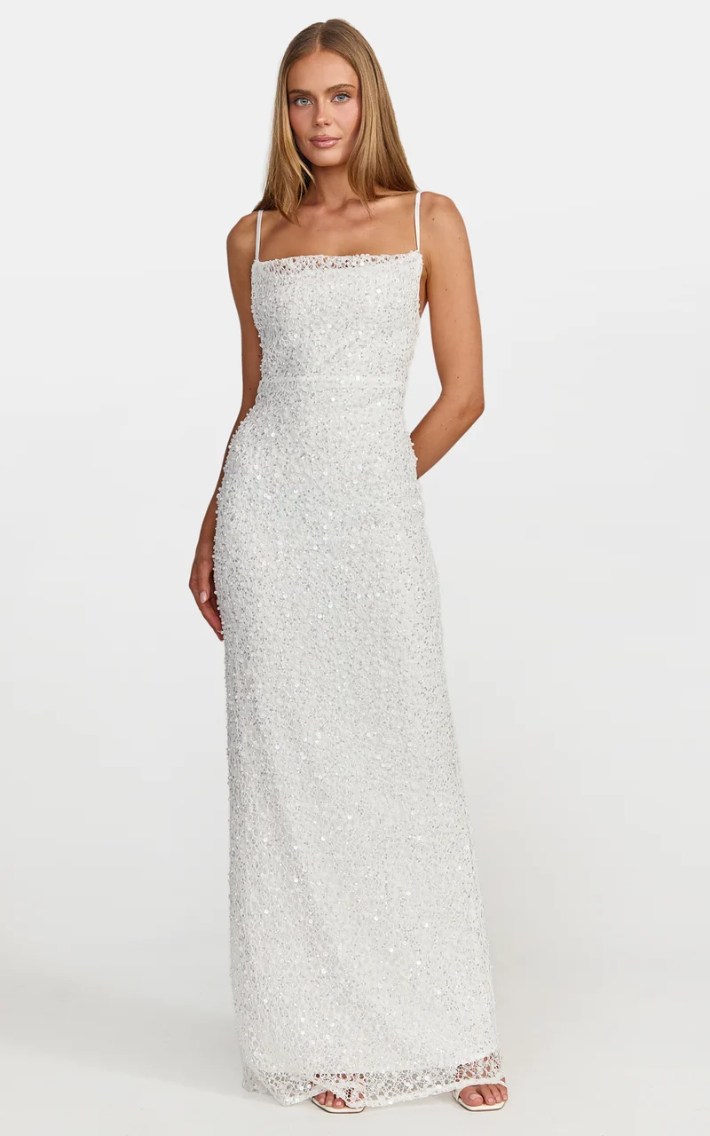 Nina Maxi Dress - Backless Sequin Embellished Beaded Dress in White