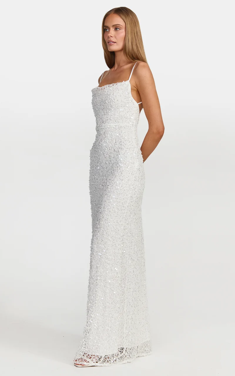 Nina Maxi Dress - Backless Sequin Embellished Beaded Dress in White