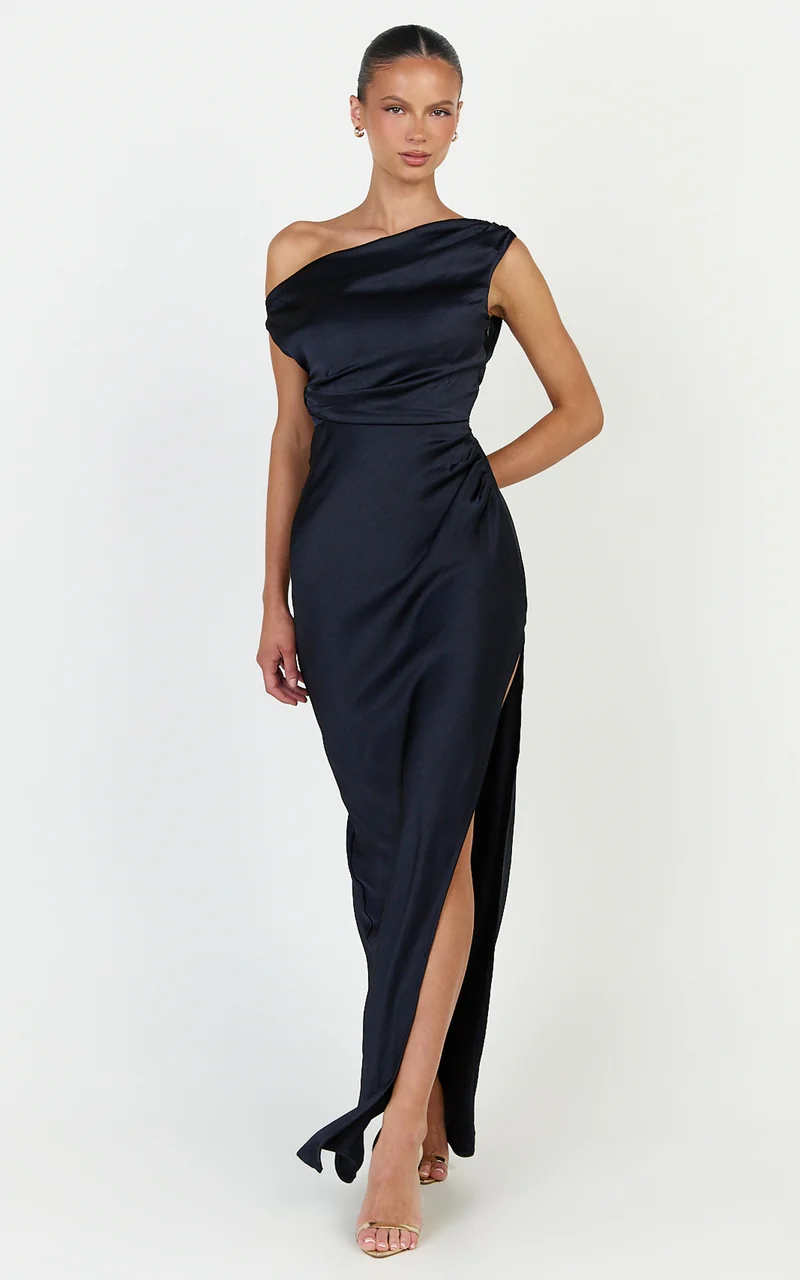 Laurie Maxi Dress - One Shoulder Ruched Dress in Navy