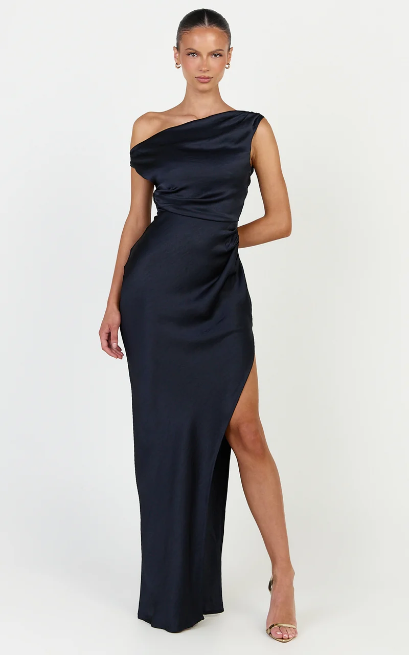 Laurie Maxi Dress - One Shoulder Ruched Dress in Navy
