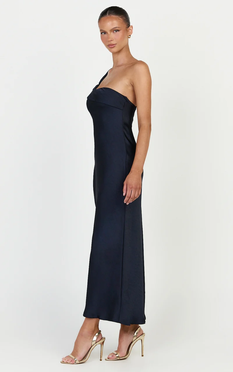 Calix Midi Dress - One Shoulder Slip Dress in Navy