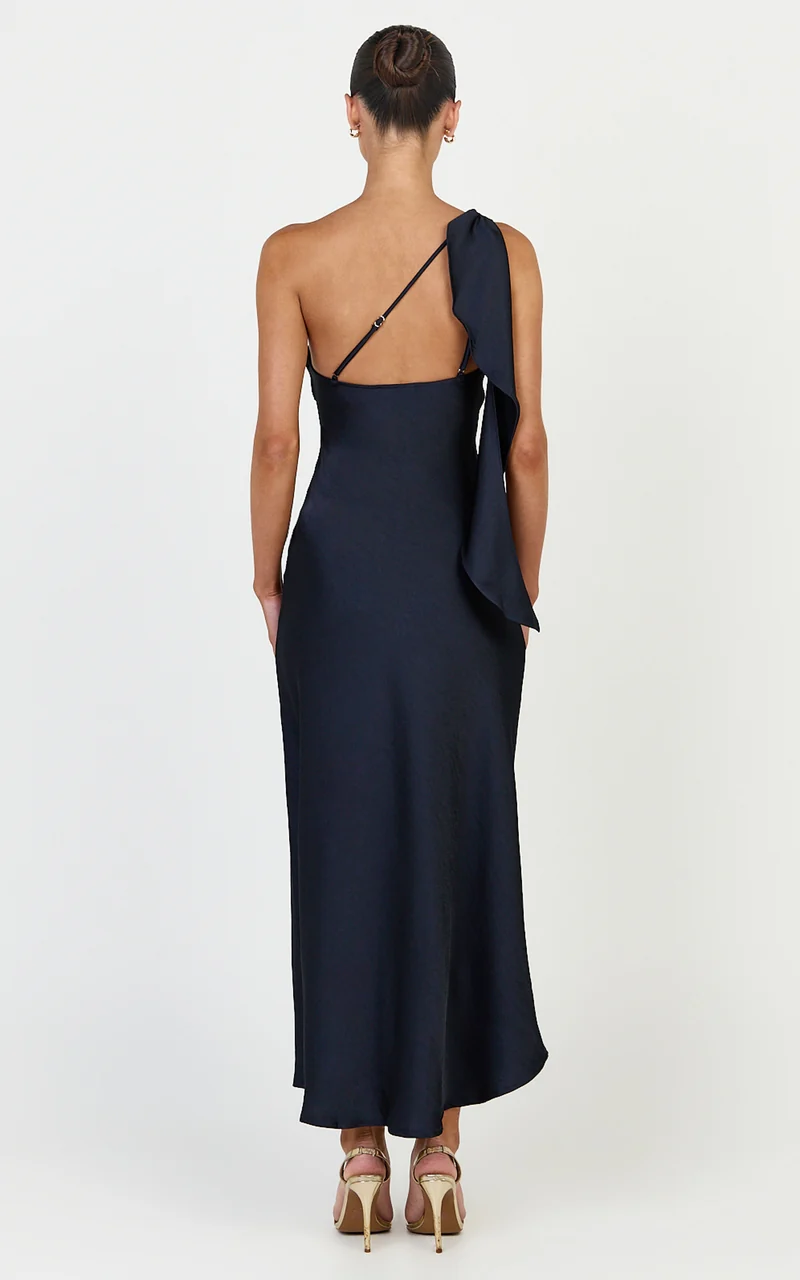 Calix Midi Dress - One Shoulder Slip Dress in Navy