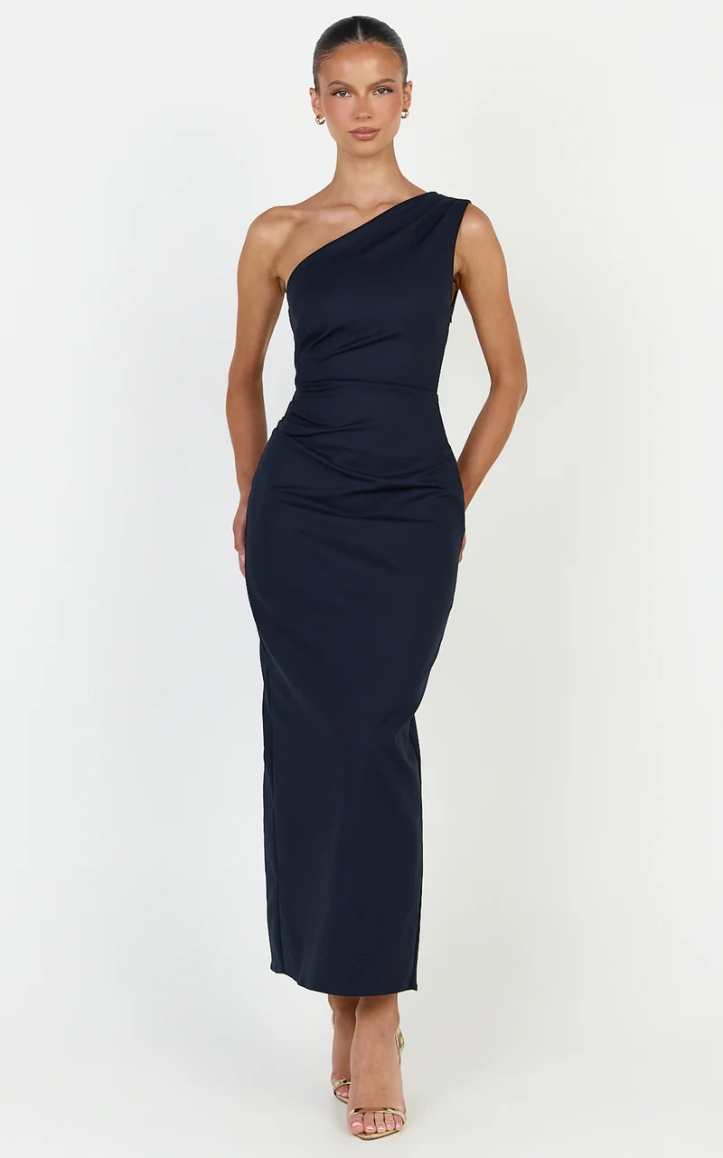 Karlie Midi Dress - One Shoulder Fitted Dress in Navy