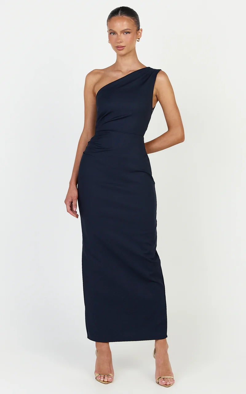 Karlie Midi Dress - One Shoulder Fitted Dress in Navy