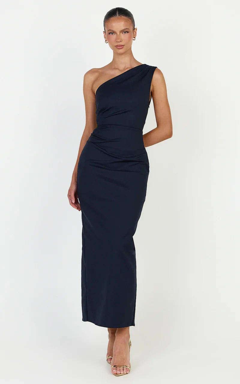 Karlie Midi Dress - One Shoulder Fitted Dress in Navy