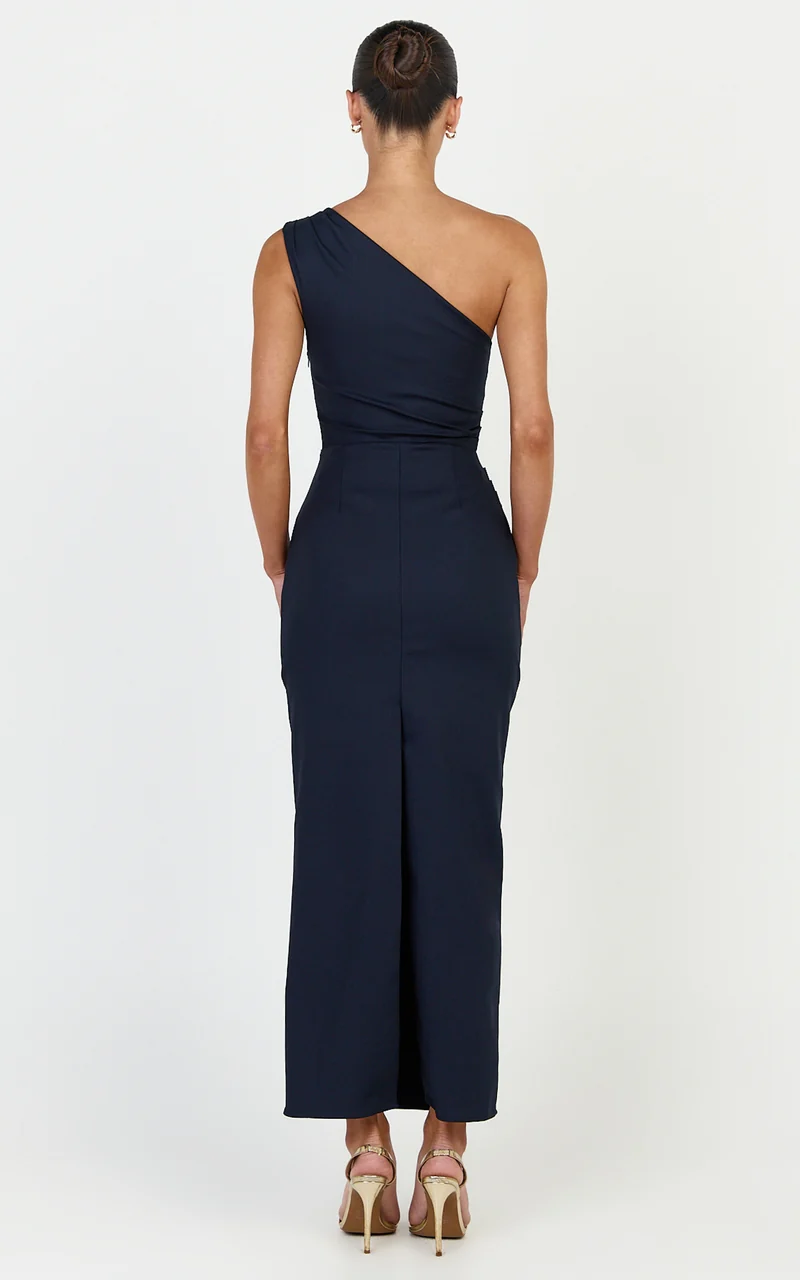 Karlie Midi Dress - One Shoulder Fitted Dress in Navy