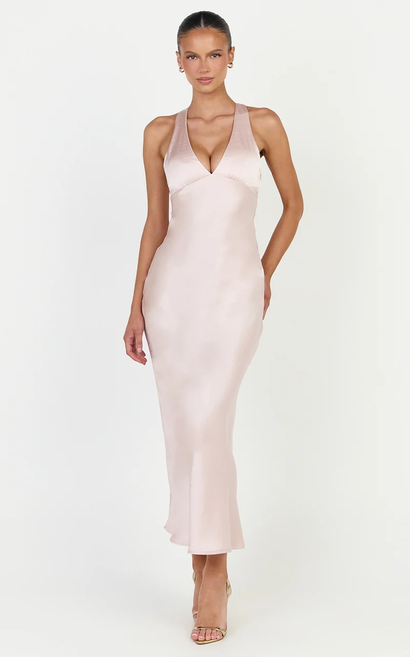 Khalani Midi Dress - Deep V Neck Satin Slip Dress in Light Pink