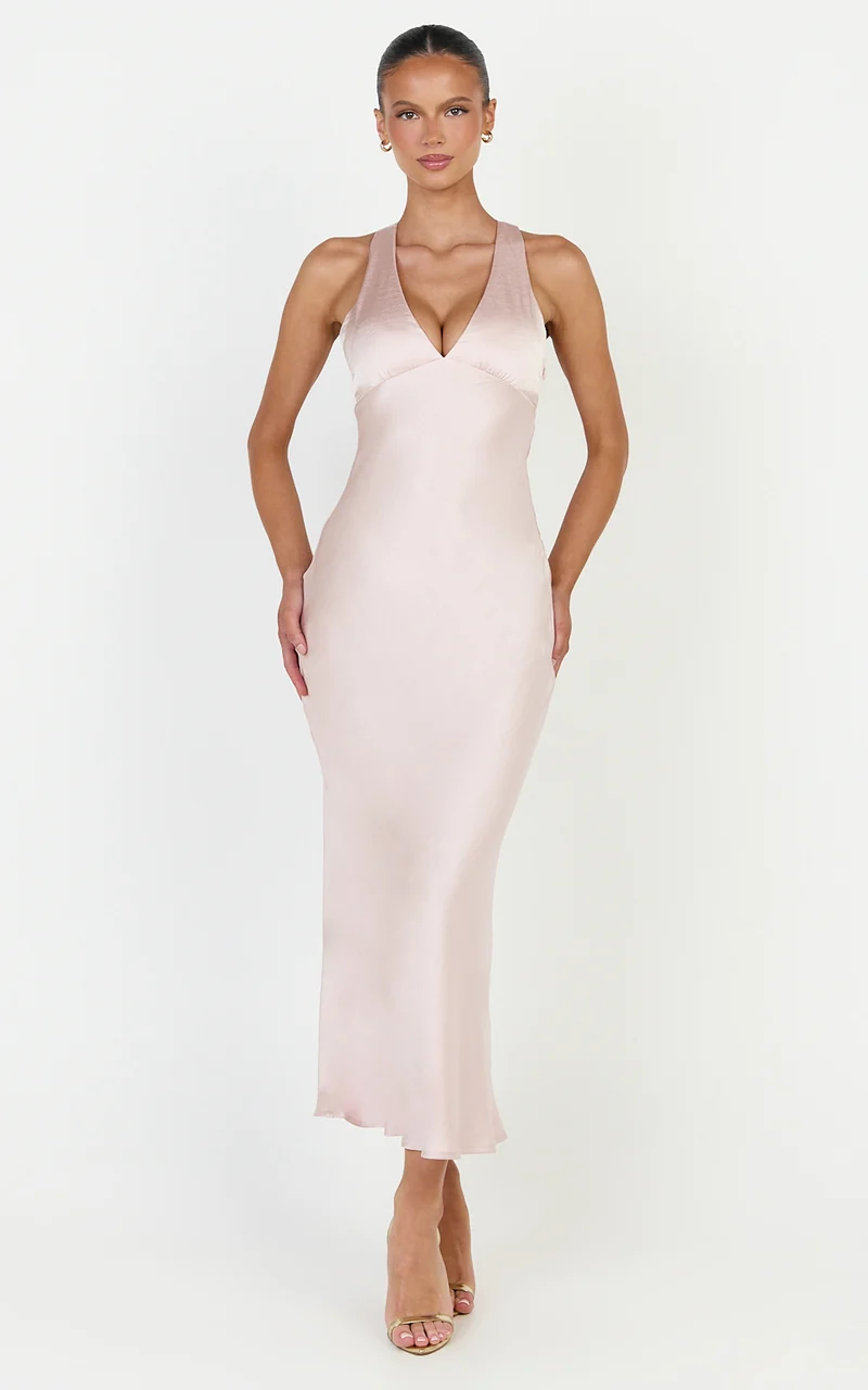 Khalani Midi Dress - Deep V Neck Satin Slip Dress in Light Pink