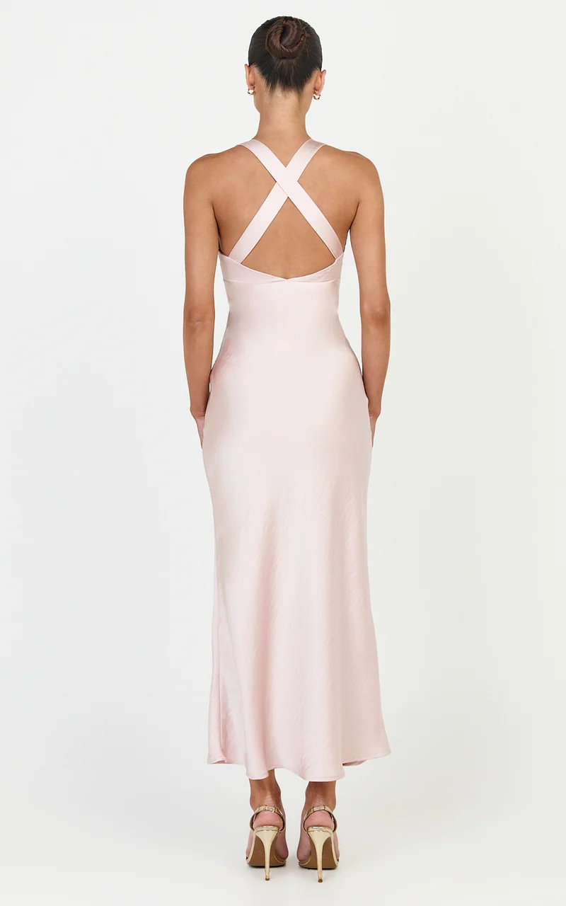 Khalani Midi Dress - Deep V Neck Satin Slip Dress in Light Pink