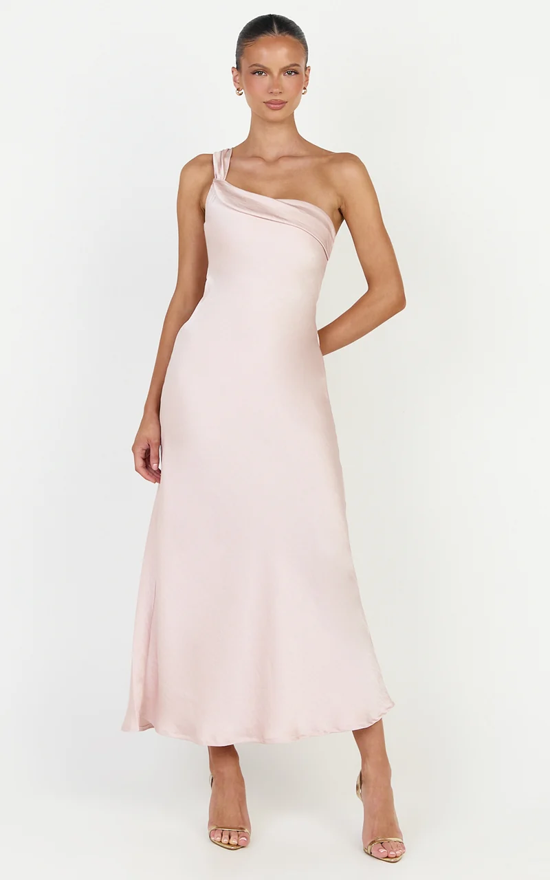 Calix Midi Dress - One Shoulder Slip Dress in Pink