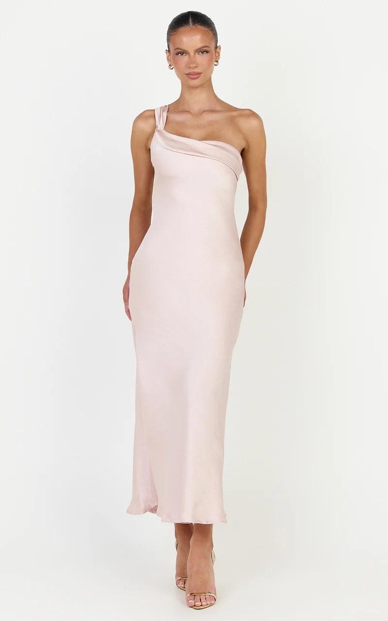 Calix Midi Dress - One Shoulder Slip Dress in Pink