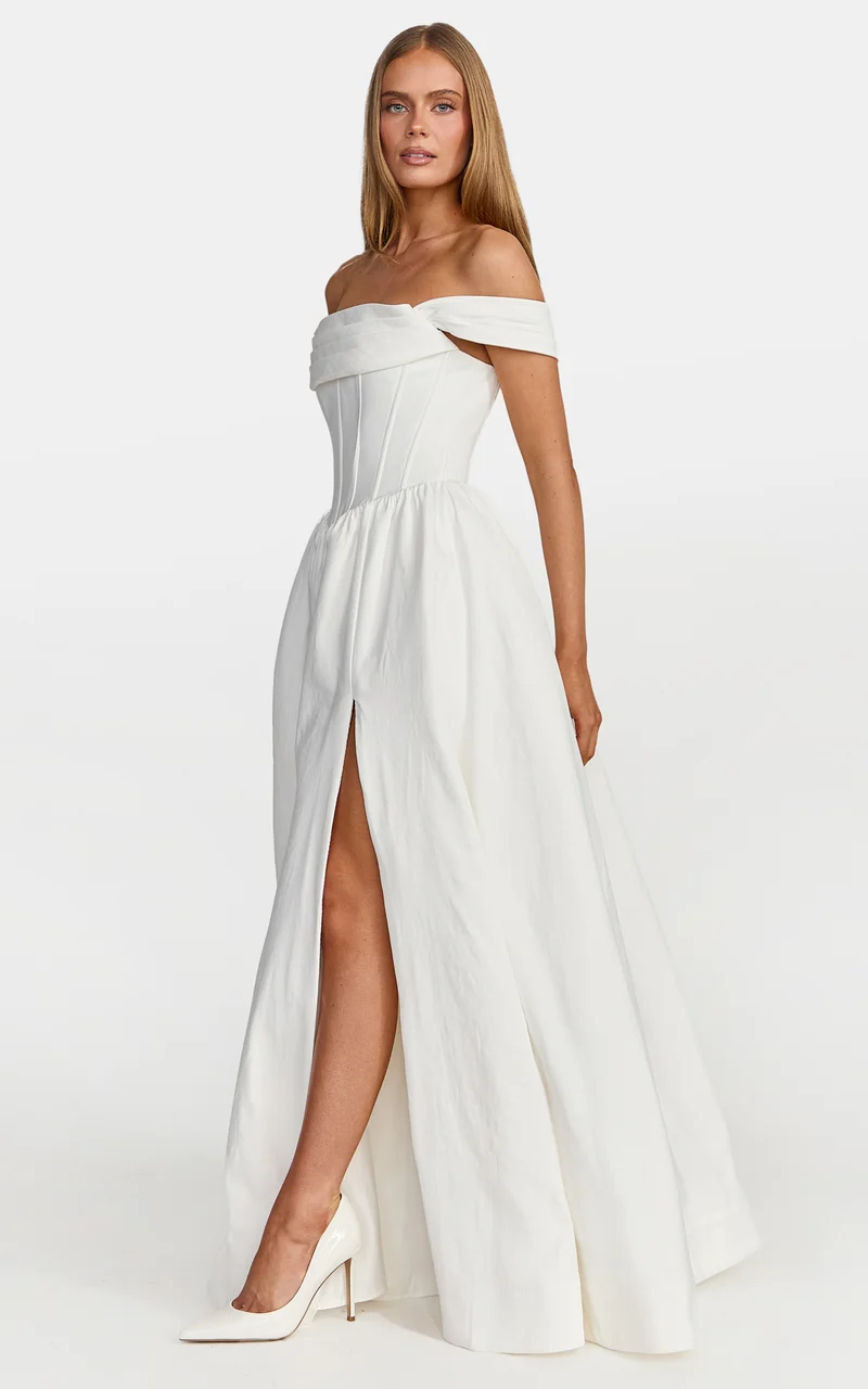 Eden Maxi Dress - Off Shoulder Draped Bust Corset Dress in White
