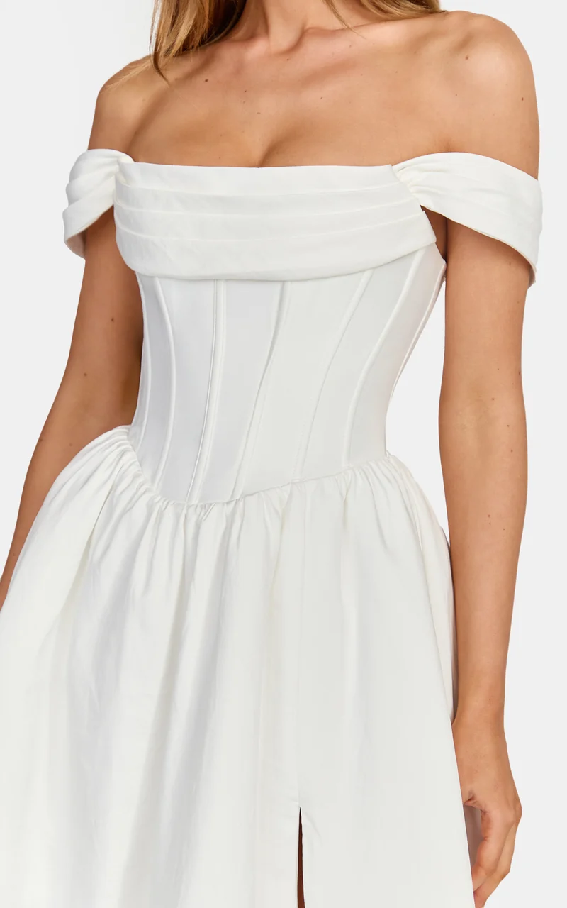 Eden Maxi Dress - Off Shoulder Draped Bust Corset Dress in White