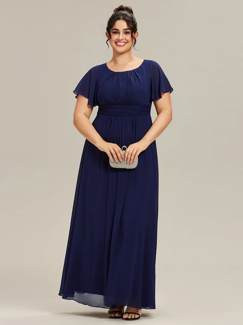 Robe demoiselle d'honneur en mousseline simple plissée de grande taille encolure ronde